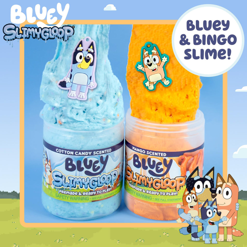 Bluey SLIMYGLOOP 2-Pack: Pre-Made Cloud Slimes with Bluey & Bingo Charms - Cotton Candy & Mango Scented, 7.5 oz & 8 oz