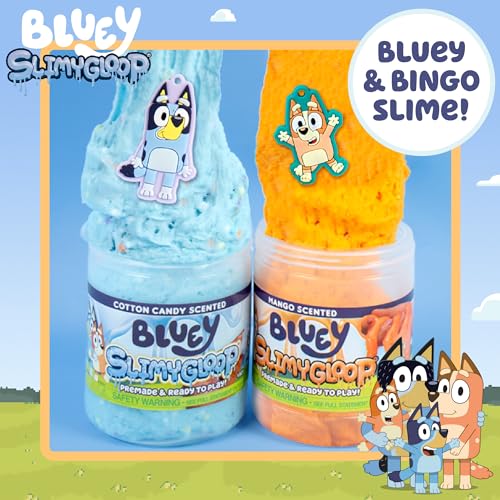Bluey SLIMYGLOOP 2-Pack: Pre-Made Cloud Slimes with Bluey & Bingo Charms - Cotton Candy & Mango Scented, 7.5 oz & 8 oz