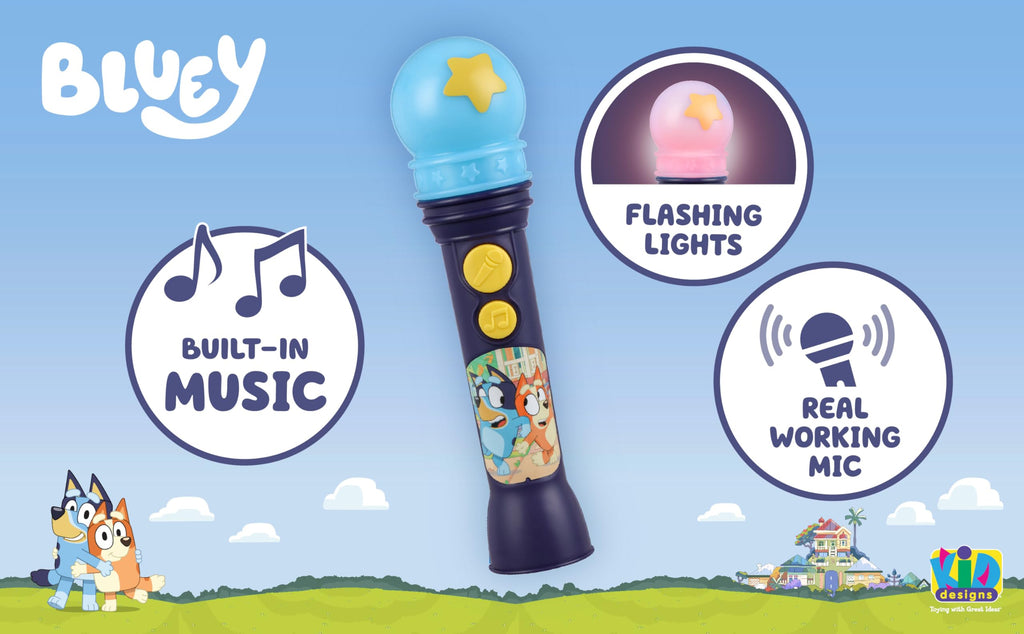 Bluey Toy Microphone for Toddlers – Amplifies Voice, Plays Theme Song, Flashing Lights