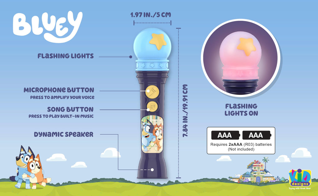 Bluey Toy Microphone for Toddlers – Amplifies Voice, Plays Theme Song, Flashing Lights