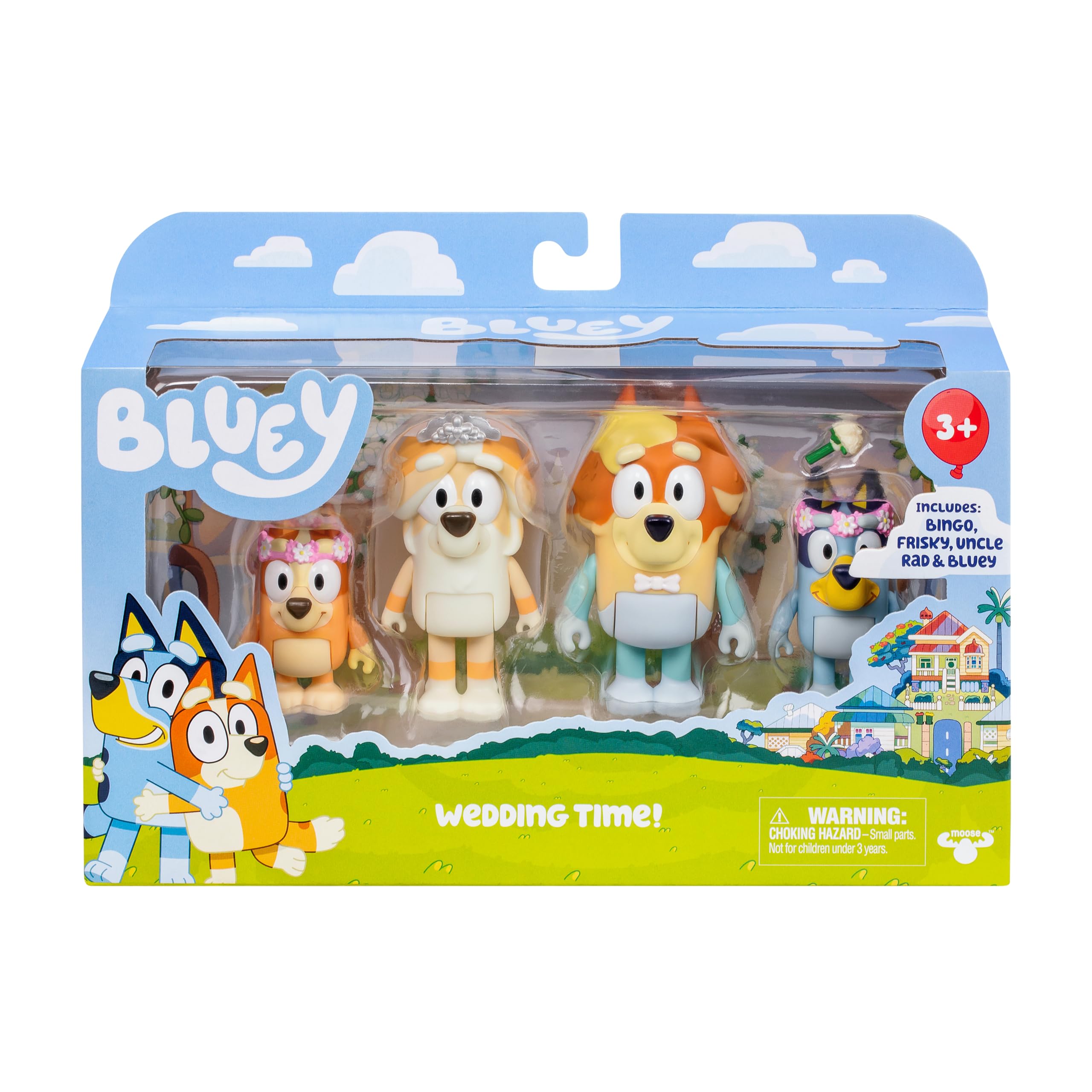 Bluey Wedding Figures 4-Pack: Uncle Rad, Frisky & Flower Girl Bingo Articulated Toys for Ages 3+