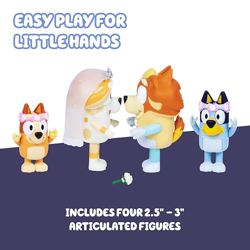 Bluey Wedding Figures 4-Pack: Uncle Rad, Frisky & Flower Girl Bingo Articulated Toys for Ages 3+