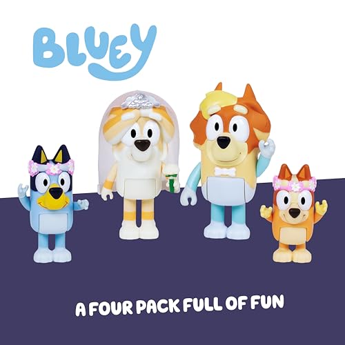 Bluey Wedding Figures 4-Pack: Uncle Rad, Frisky & Flower Girl Bingo Articulated Toys for Ages 3+