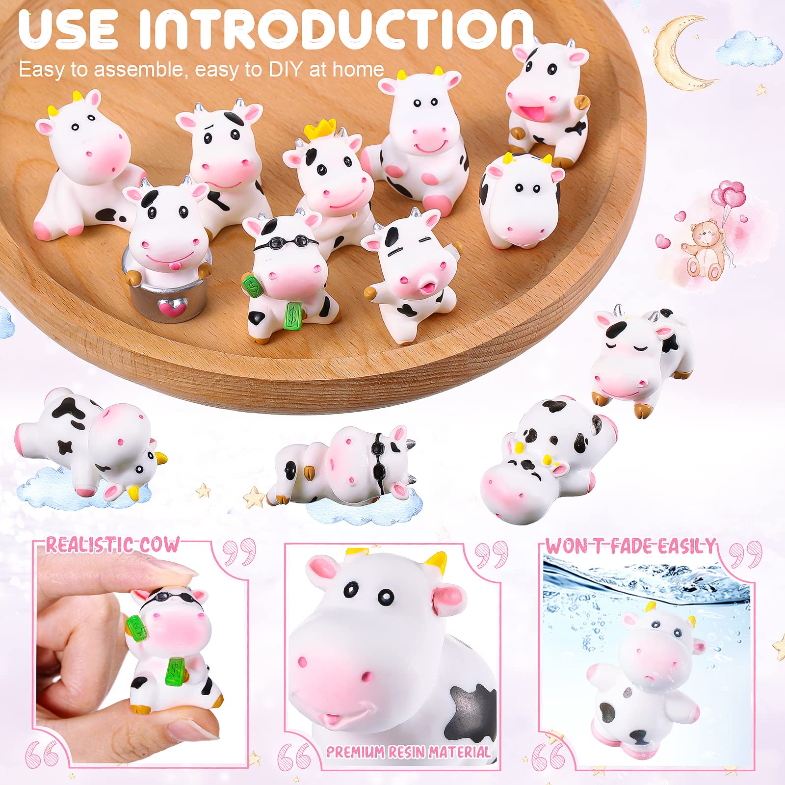 Blulu 14 Cow Figurines Set - Mini Resin Animals for Cake Toppers, Garden Decor, Baby Shower Favors