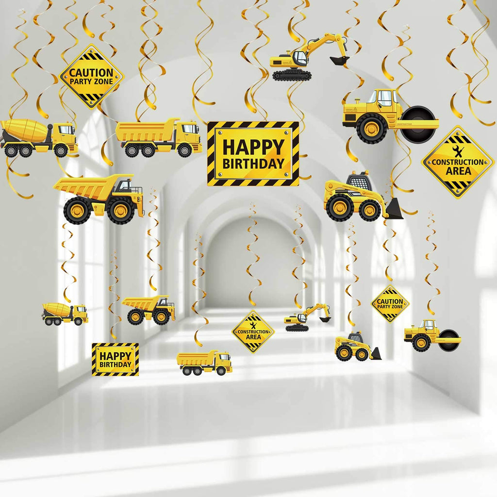 Blulu 30-Piece Construction Birthday Party Decorations – Yellow & Black Swirls with Trucks and Signs