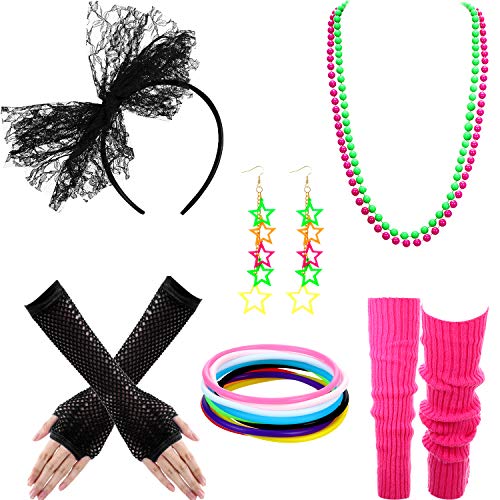 Blulu 80s Costume Accessories Set for Women – 7-Piece Including Fishnet Gloves, Leg Warmers, Lace Headband, and More