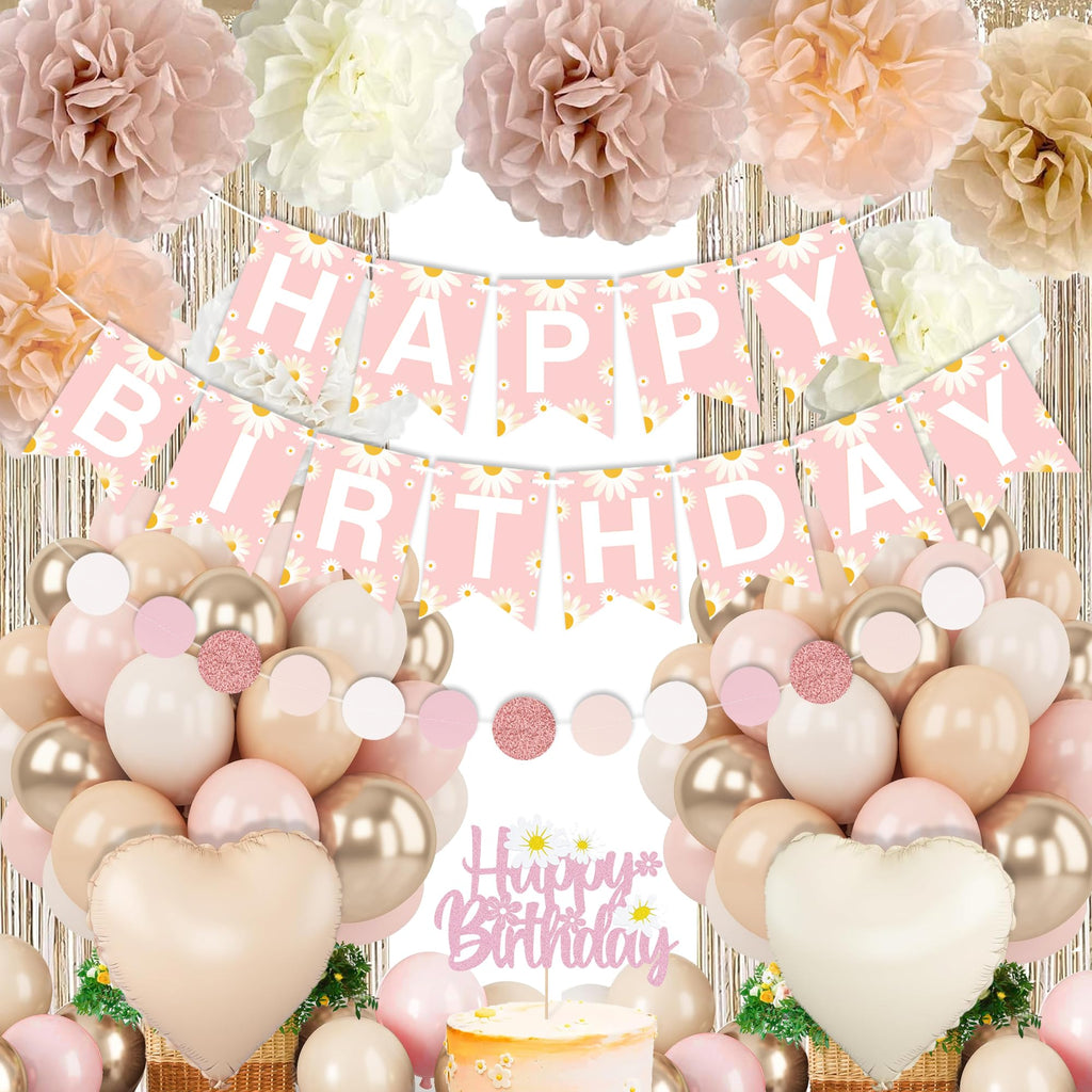 Blush Beige Birthday Decor Kit with Daisy Banner, Balloons & Fringe Curtain