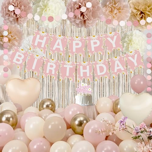 Blush Beige Birthday Decor Kit with Daisy Banner, Balloons & Fringe Curtain