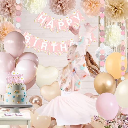 Blush Beige Birthday Decor Kit with Daisy Banner, Balloons & Fringe Curtain