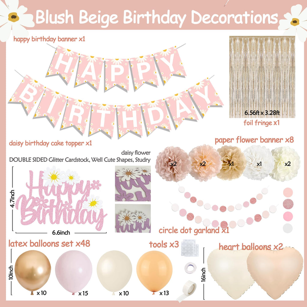 Blush Beige Birthday Decor Kit with Daisy Banner, Balloons & Fringe Curtain