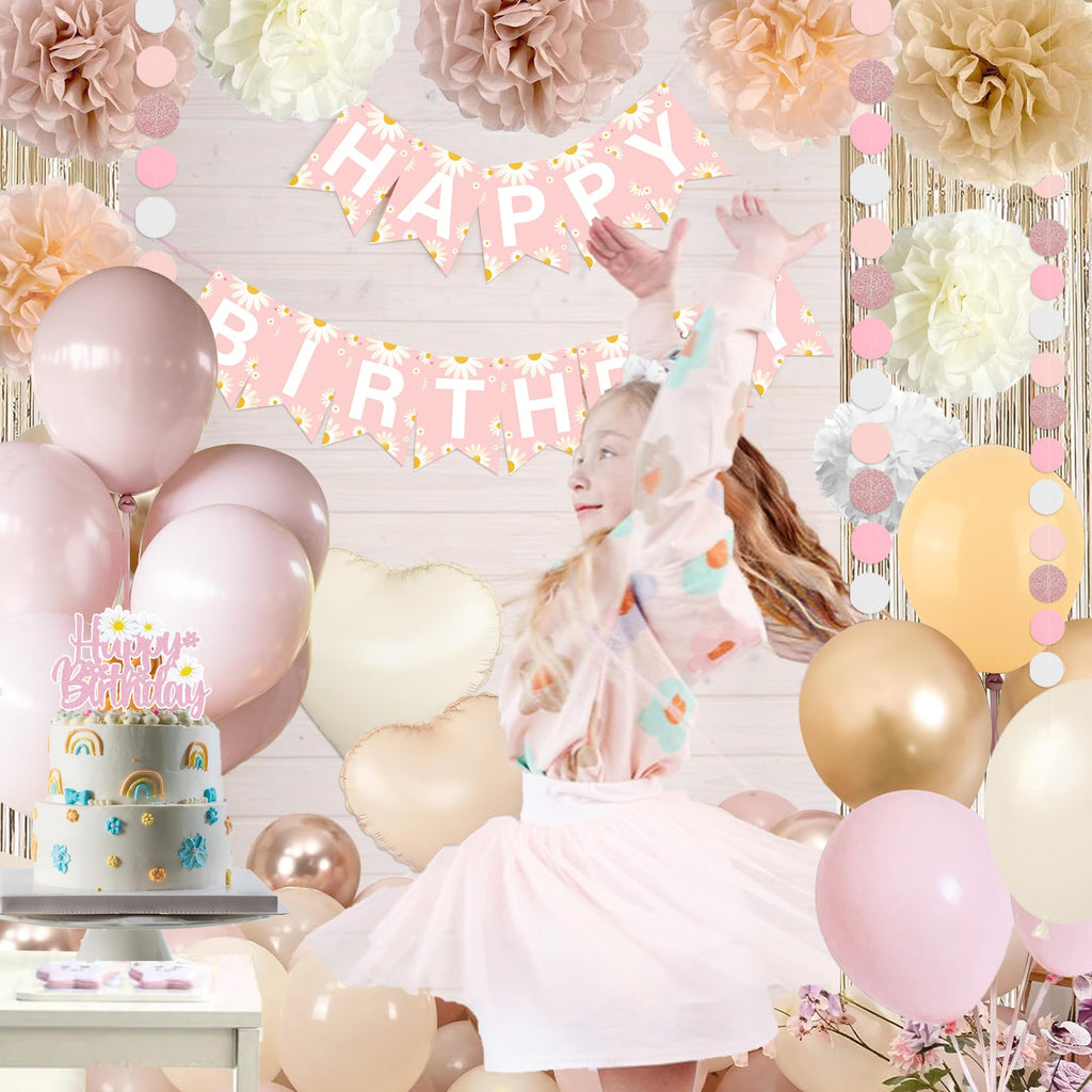Blush Beige Birthday Decor Kit with Daisy Banner, Balloons & Fringe Curtain