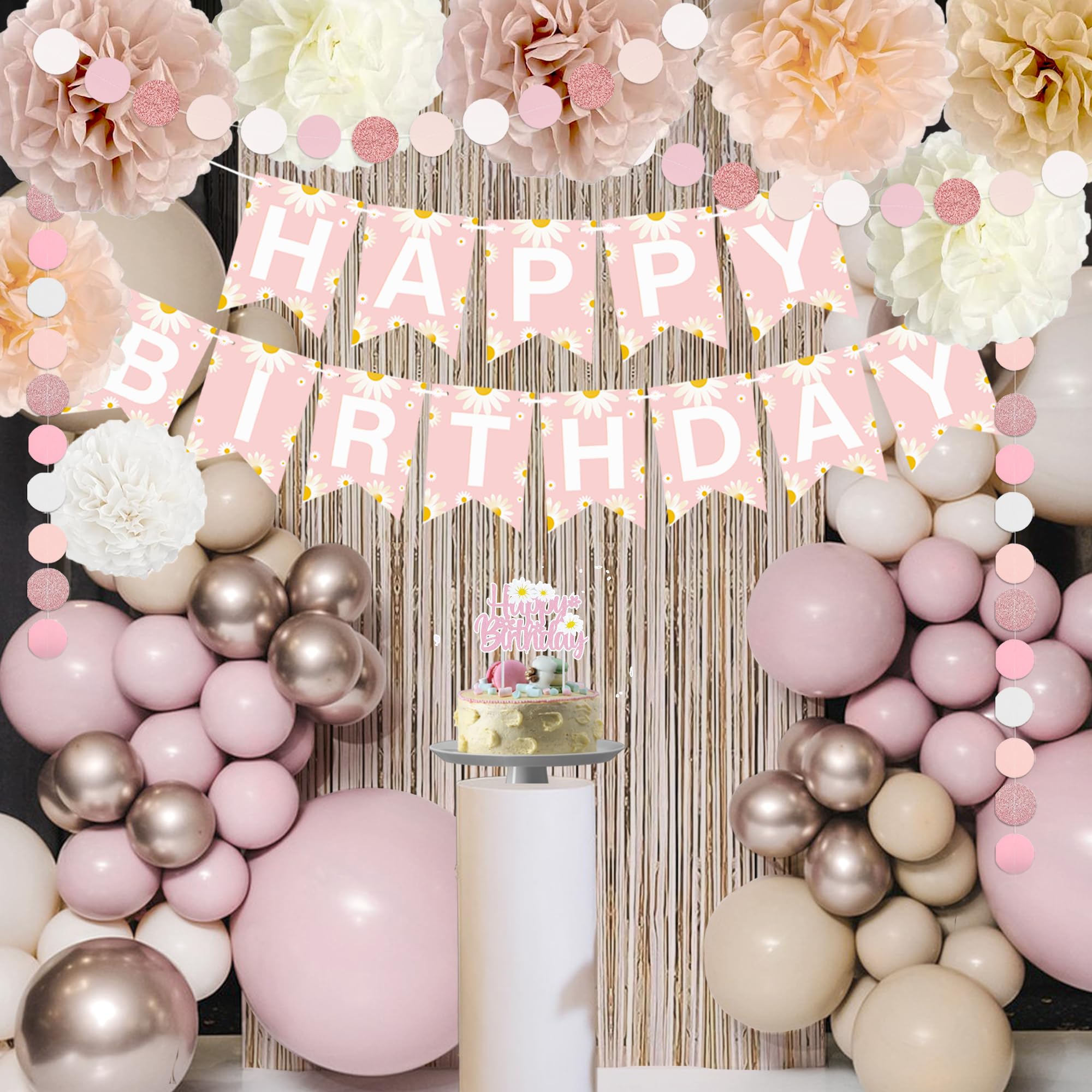 Blush Beige Birthday Decor Kit with Daisy Banner, Balloons & Fringe Curtain