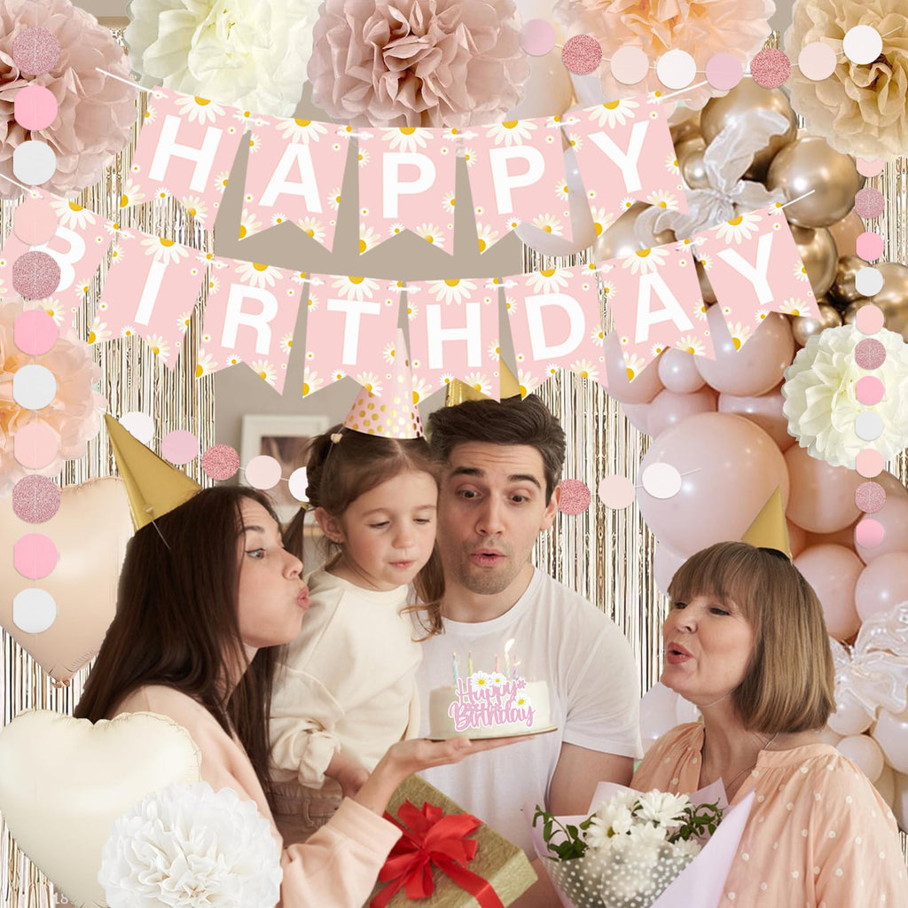 Blush Beige Birthday Decor Kit with Daisy Banner, Balloons & Fringe Curtain