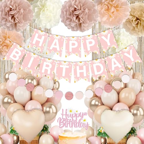 Blush Beige Birthday Decor Kit with Daisy Banner, Balloons & Fringe Curtain