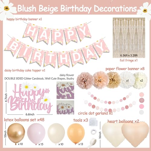 Blush Beige Birthday Decor Kit with Daisy Banner, Balloons & Fringe Curtain