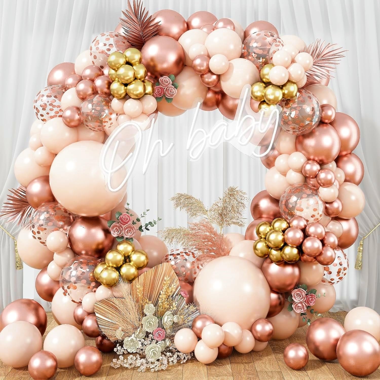 Blush Rose Gold Balloon Garland Arch Kit – 119 Pieces Peach Pink Gold Pastel Orange Confetti Balloons for Party Decor