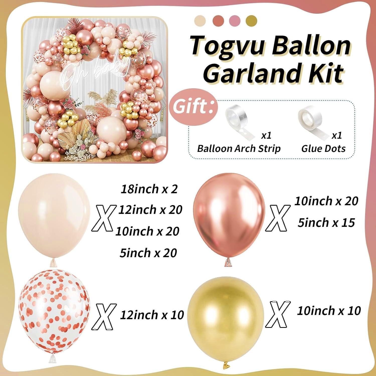 Blush Rose Gold Balloon Garland Arch Kit – 119 Pieces Peach Pink Gold Pastel Orange Confetti Balloons for Party Decor