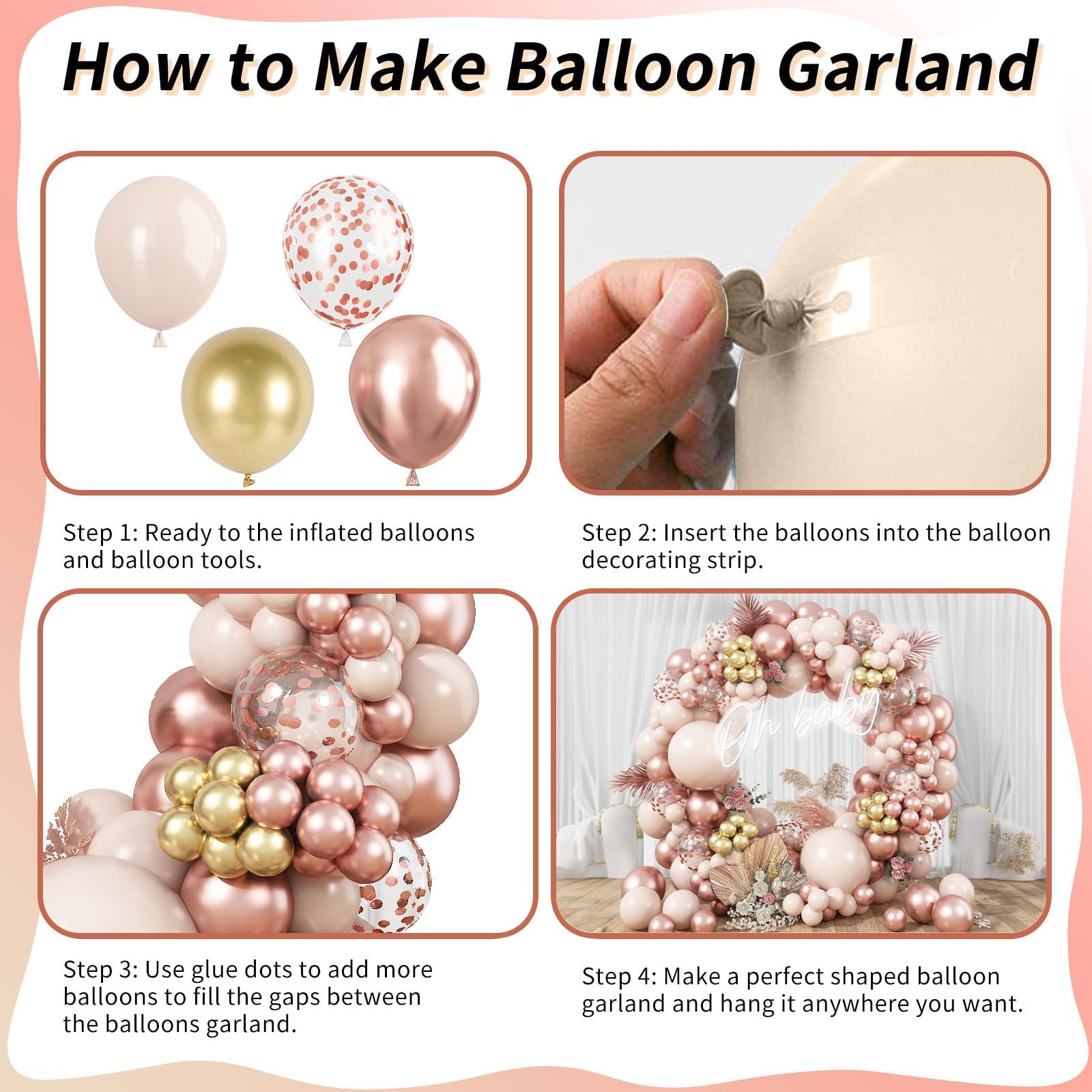 Blush Rose Gold Balloon Garland Arch Kit – 119 Pieces Peach Pink Gold Pastel Orange Confetti Balloons for Party Decor