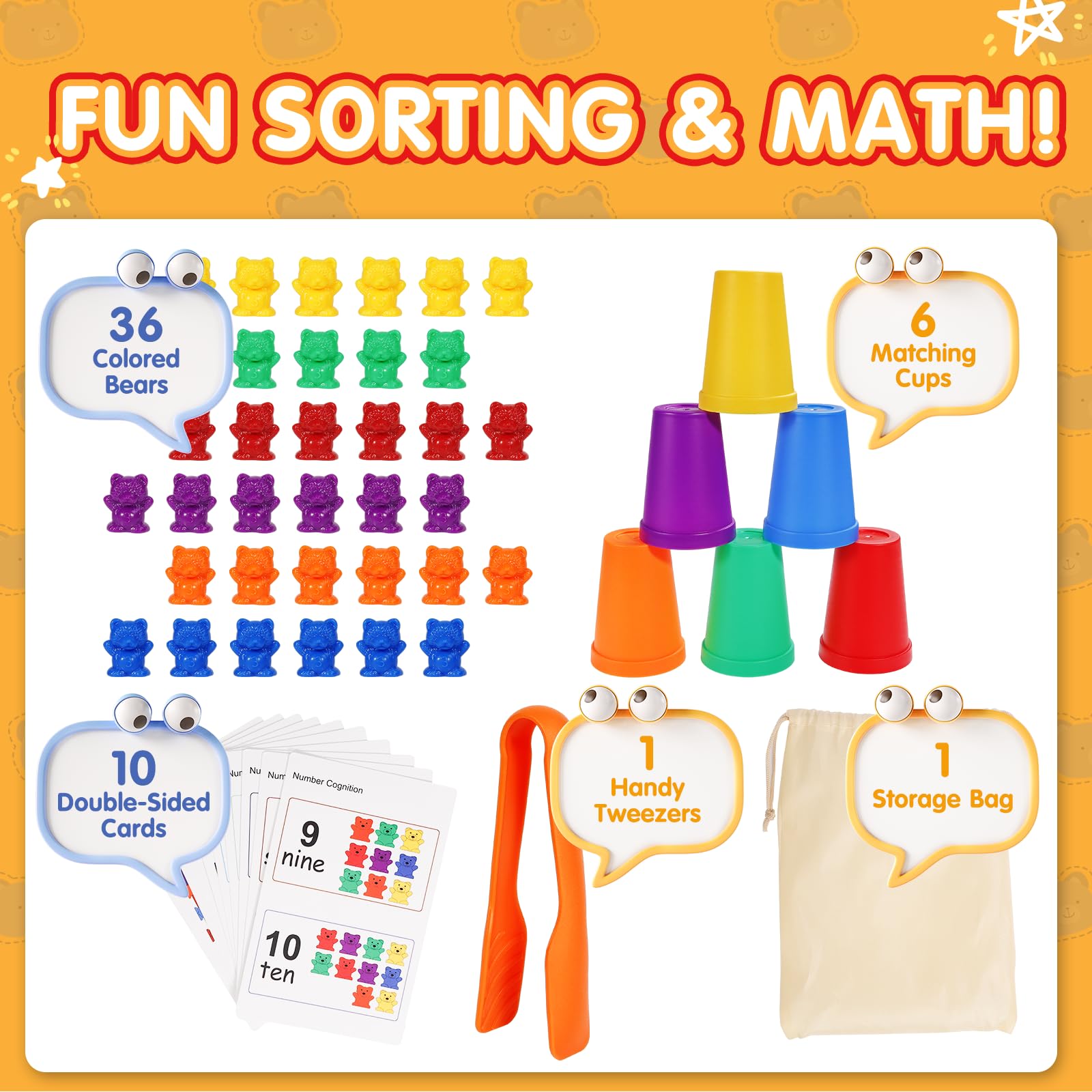 Bmag Counting Bears with Sorting Cups - Preschool Math & Color Learning Toy for Ages 3-5