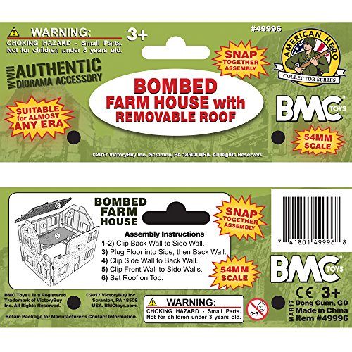 BMC Toys Bombed French Farm House - Plastic 1:32 Scale Playset Accessory (Tan with Gray Roof)