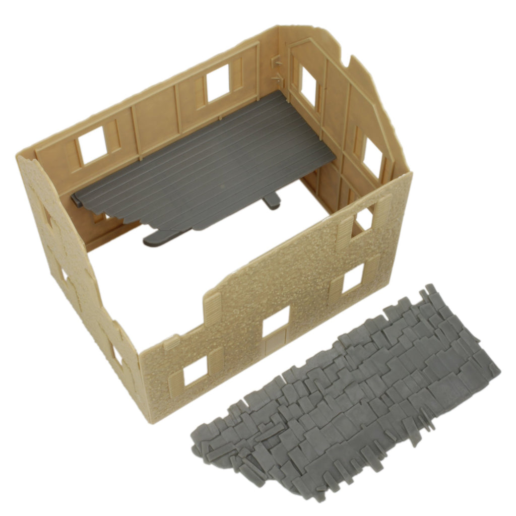 BMC Toys Bombed French Farm House - Plastic 1:32 Scale Playset Accessory (Tan with Gray Roof)