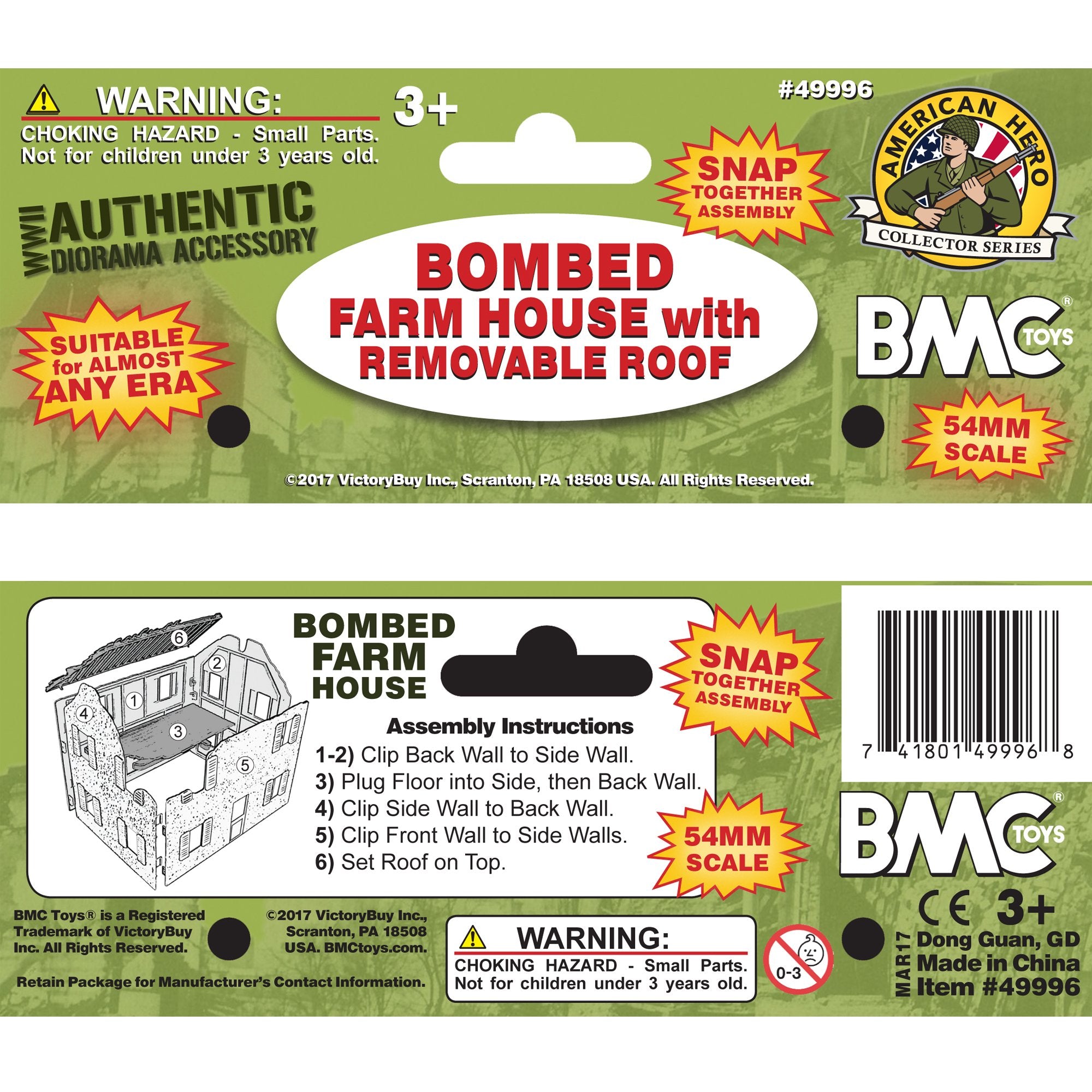 BMC Toys Bombed French Farm House - Plastic 1:32 Scale Playset Accessory (Tan with Gray Roof)