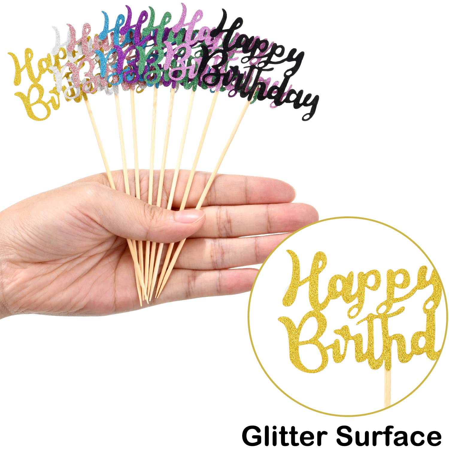Boao 64-Pack Happy Birthday Cupcake Toppers – Glitter Cake Picks, 8 Colors, Non-Toxic Bamboo Stick Decorations for Parties