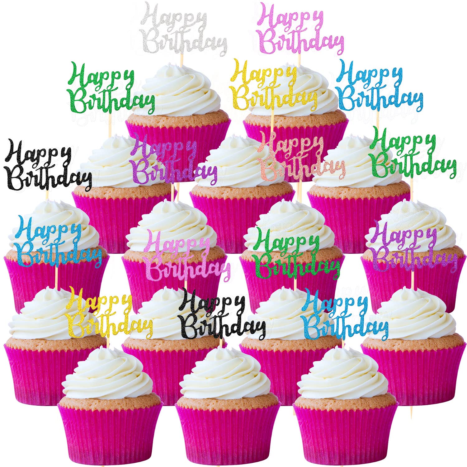 Boao 64-Pack Happy Birthday Cupcake Toppers – Glitter Cake Picks, 8 Colors, Non-Toxic Bamboo Stick Decorations for Parties