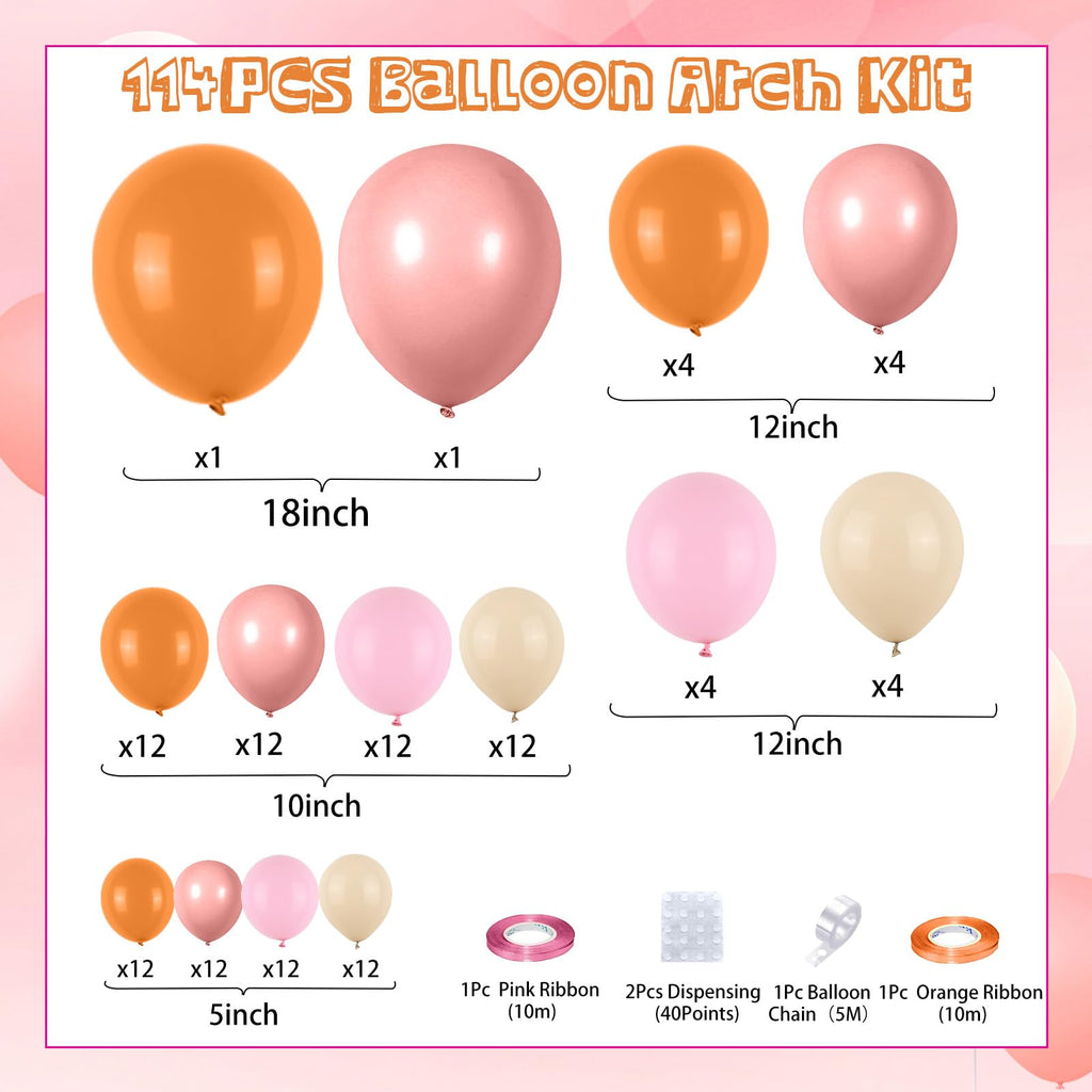 Boho Balloon Garland Arch Kit - Dusty Pink, Orange, Macaron Pink & Sand White - 114 Latex Balloons for Wedding, Birthday, Boho Party Decor - FunHot