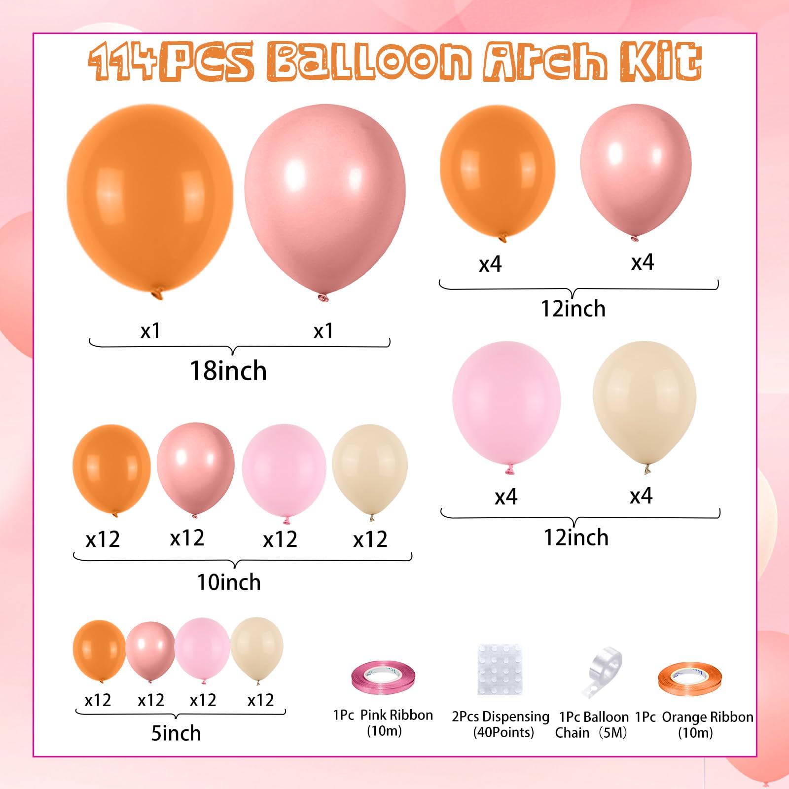 Boho Balloon Garland Arch Kit - Dusty Pink, Orange, Macaron Pink & Sand White - 114 Latex Balloons for Wedding, Birthday, Boho Party Decor - FunHot