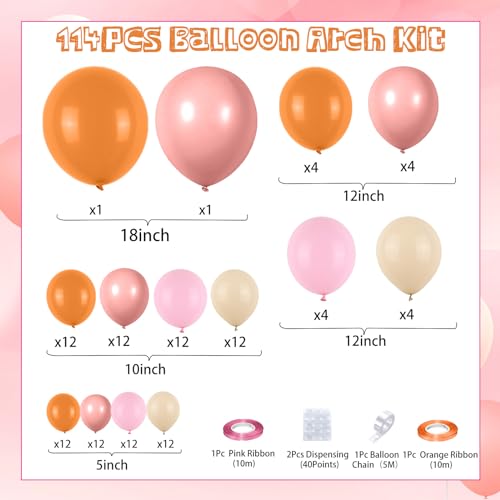 Boho Balloon Garland Arch Kit - Dusty Pink, Orange, Macaron Pink & Sand White - 114 Latex Balloons for Wedding, Birthday, Boho Party Decor - FunHot