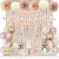 Boho Dusty Pink Birthday Decorations Kit – Blush Beige & Gold Balloons, Butterfly, Fringe Curtain, Banner & Pompoms for Women/Girls