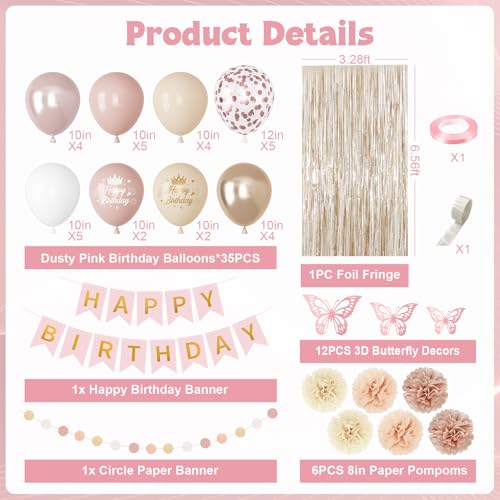 Boho Dusty Pink Birthday Decorations Kit – Blush Beige & Gold Balloons, Butterfly, Fringe Curtain, Banner & Pompoms for Women/Girls