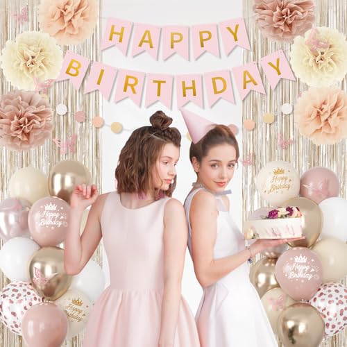 Boho Dusty Pink Birthday Decorations Kit – Blush Beige & Gold Balloons, Butterfly, Fringe Curtain, Banner & Pompoms for Women/Girls