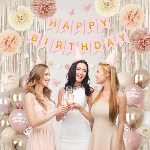 Boho Dusty Pink Birthday Decorations Kit – Blush Beige & Gold Balloons, Butterfly, Fringe Curtain, Banner & Pompoms for Women/Girls