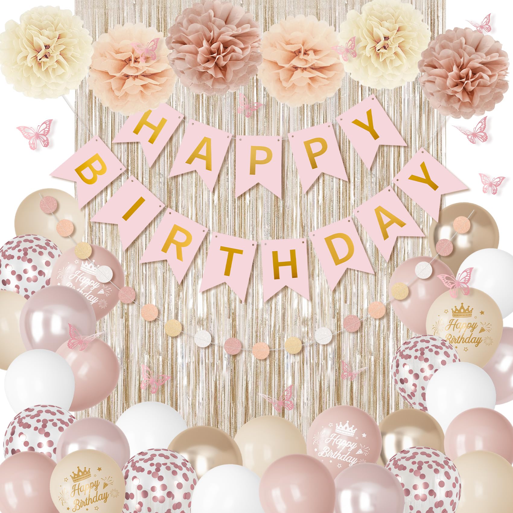 Boho Dusty Pink Birthday Decorations Kit – Blush Beige & Gold Balloons, Butterfly, Fringe Curtain, Banner & Pompoms for Women/Girls
