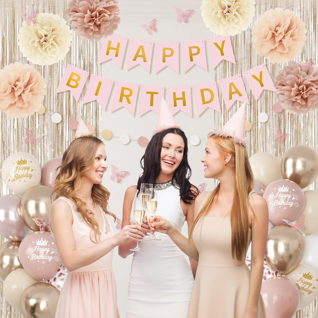 Boho Dusty Pink Birthday Decorations Kit – Blush Beige & Gold Balloons, Butterfly, Fringe Curtain, Banner & Pompoms for Women/Girls
