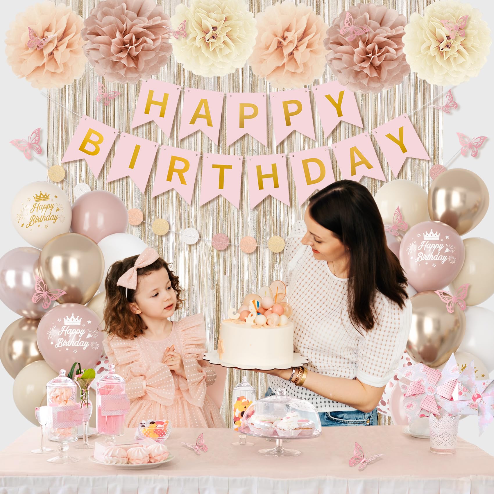 Boho Dusty Pink Birthday Decorations Kit – Blush Beige & Gold Balloons, Butterfly, Fringe Curtain, Banner & Pompoms for Women/Girls