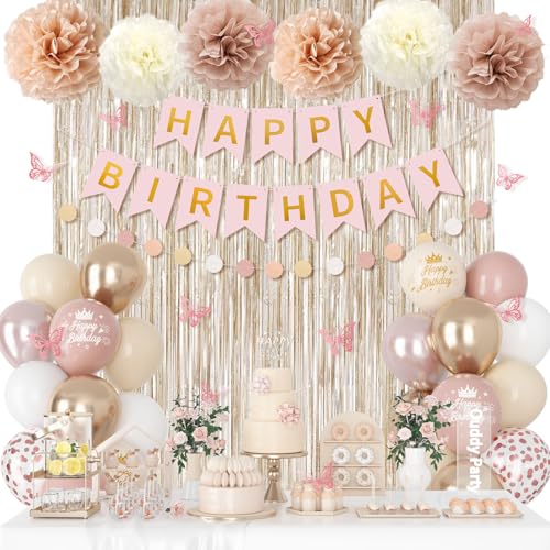 Boho Dusty Pink Birthday Decorations Kit – Blush Beige & Gold Balloons, Butterfly, Fringe Curtain, Banner & Pompoms for Women/Girls