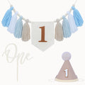 Boho First Birthday Decorations for Boys: High Chair Banner, Party Hat & Cake Topper Set (Brown, 3-Piece)