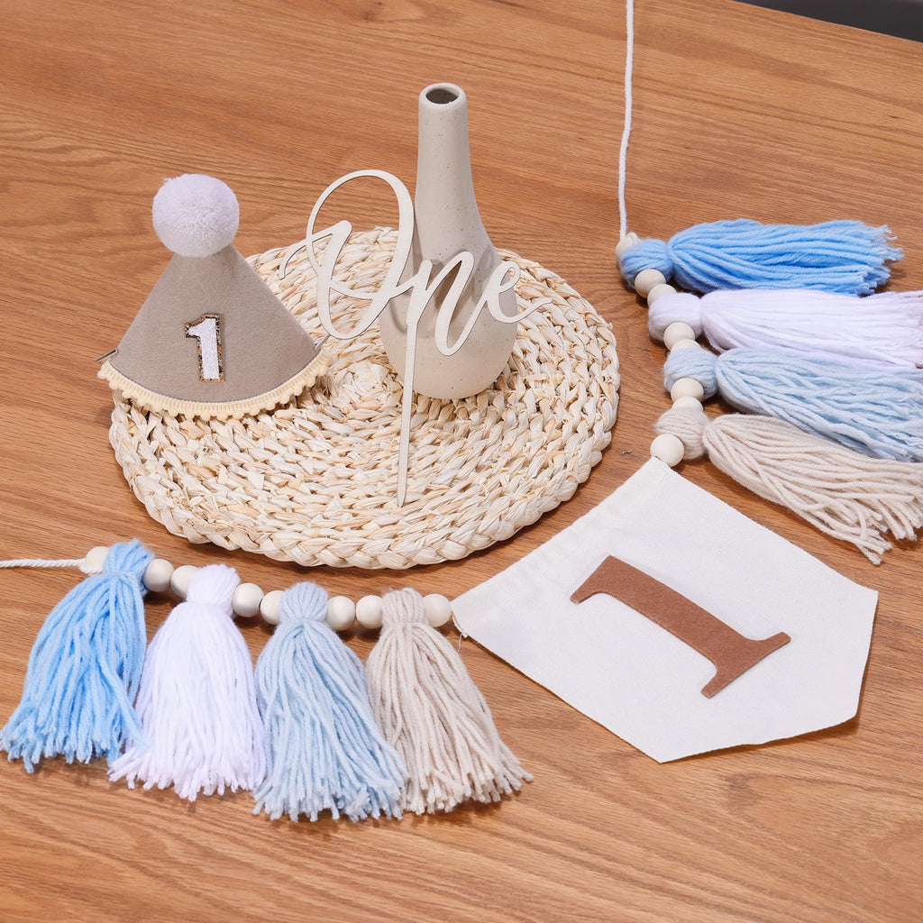 Boho First Birthday Decorations for Boys: High Chair Banner, Party Hat & Cake Topper Set (Brown, 3-Piece)