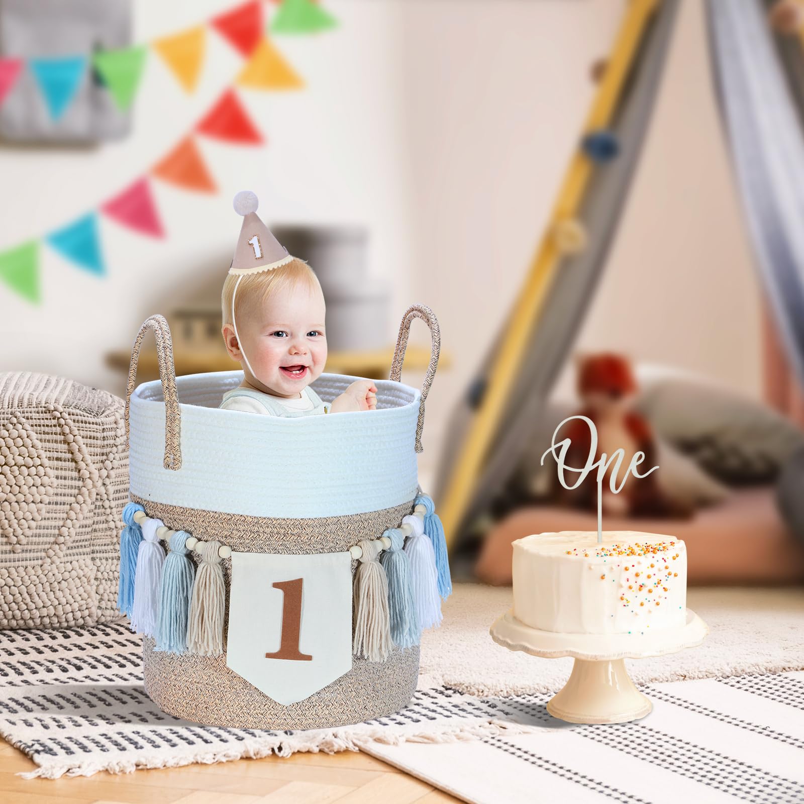 Boho First Birthday Decorations for Boys: High Chair Banner, Party Hat & Cake Topper Set (Brown, 3-Piece)
