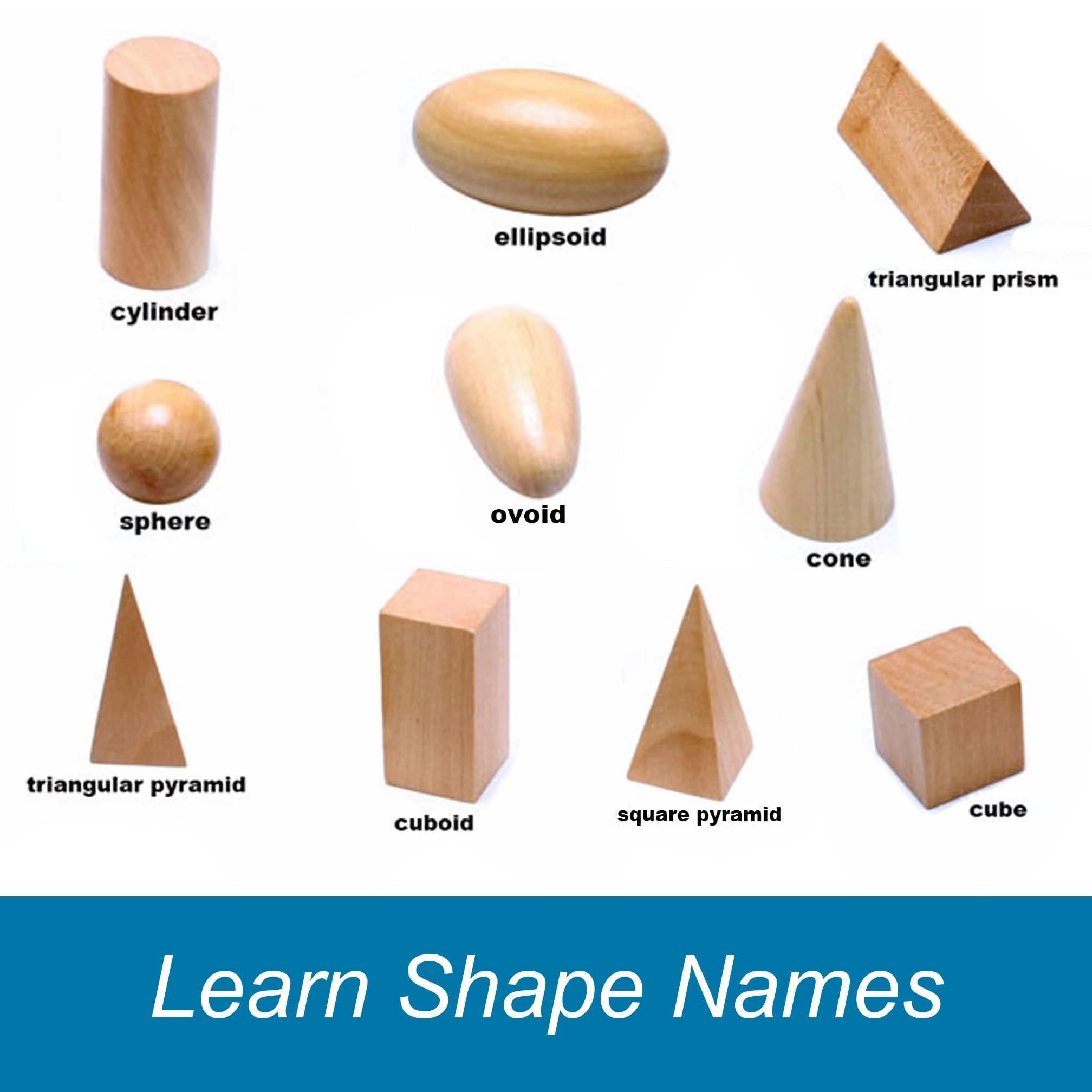 BOHS Geometric Solids Guess Game - 10 Wooden 3D Shapes for Kids Ages 3+