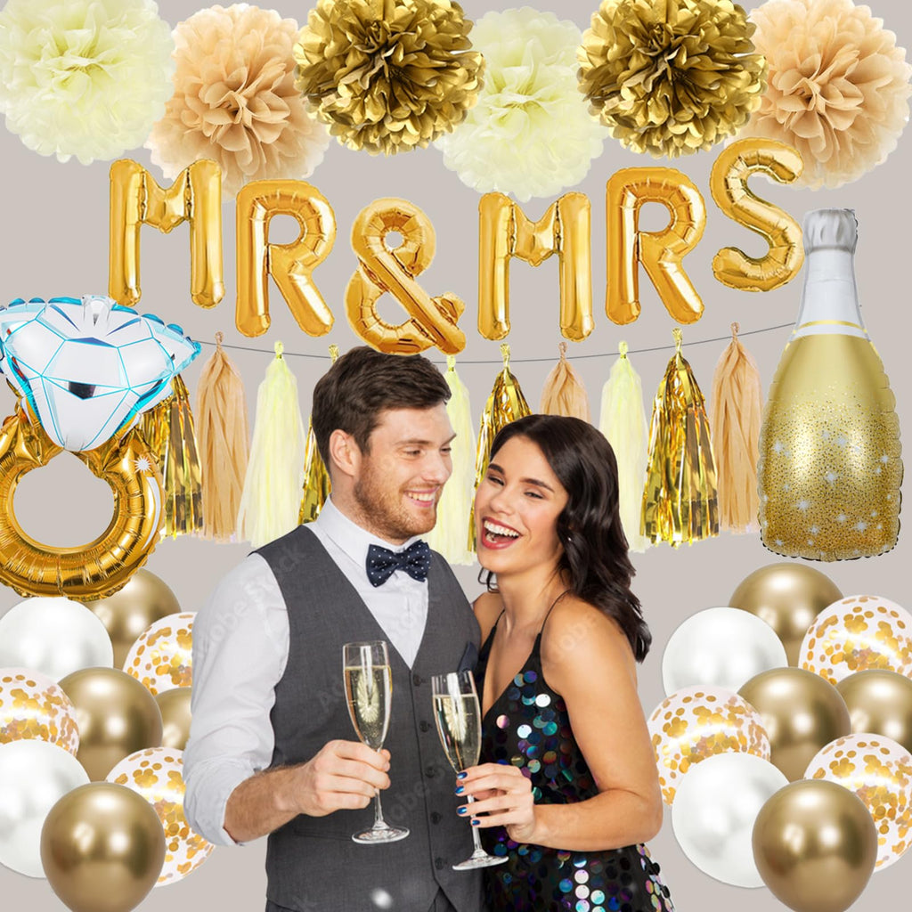 Bolake Gold & White Engagement Party Decorations Kit – 50 Pieces Including Banner, Balloons, Pom Poms, and Tassels