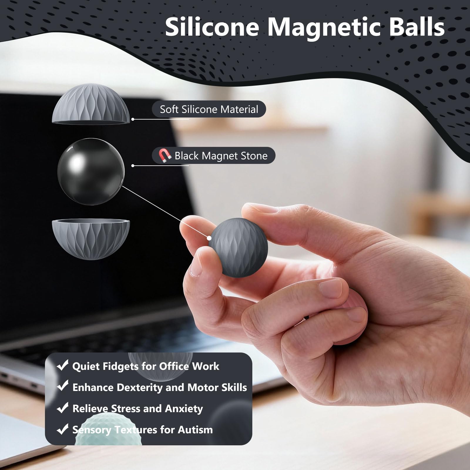 Bomeiyi Silicone Magnetic Fidget Balls Set of 4 - Quiet Stress Relief Sensory Toys for Adults and Teens with Textured Surfaces