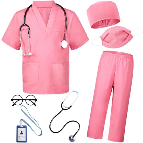 BOMLY 7-Piece Kids Doctor Costume Set – Toddler Nurse Scrubs with Sound Stethoscope for Ages 3-11