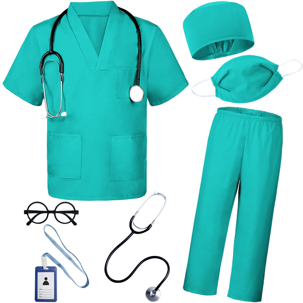 BOMLY Doctor Costume for Kids 7-Piece Scrubs Set with Interactive Stethoscope - Ages 3-11