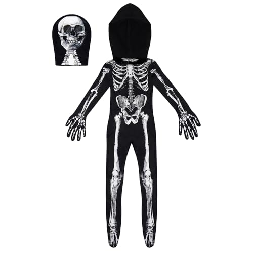 BOMLY Kids Halloween Skeleton Costume – Hooded Jumpsuit with Mask for Boys and Girls