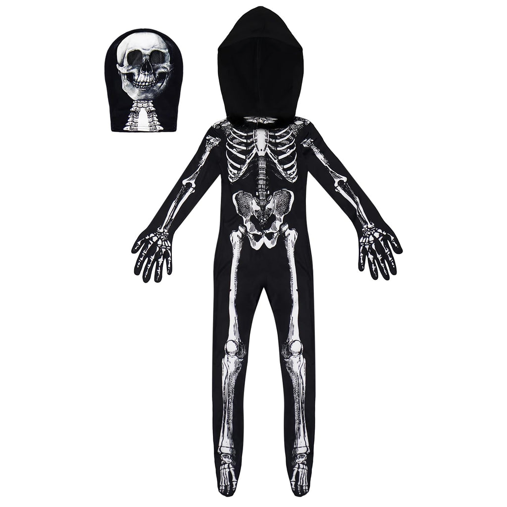 BOMLY Kids Halloween Skeleton Costume – Hooded Jumpsuit with Mask for Boys and Girls