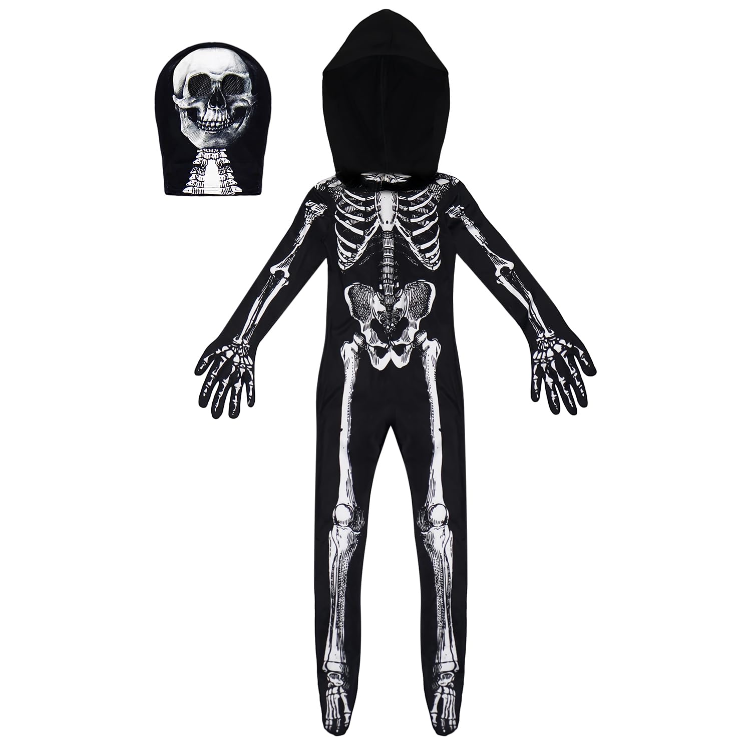BOMLY Kids Halloween Skeleton Costume – Hooded Jumpsuit with Mask for Boys and Girls